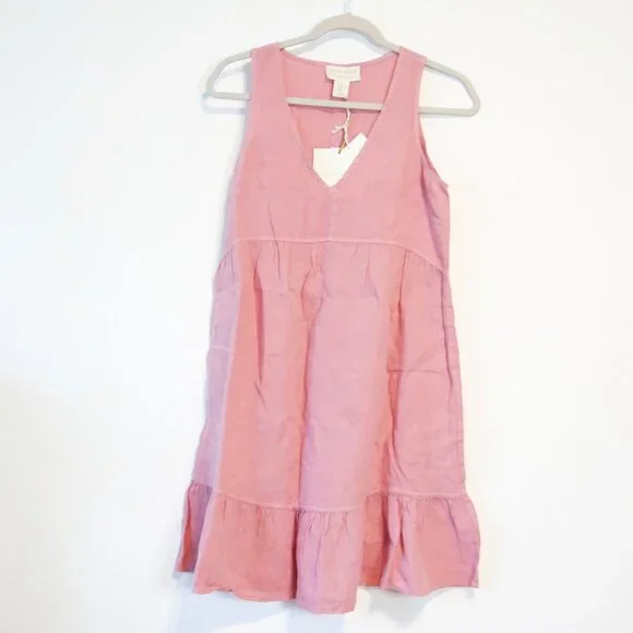 Cynthia Rowley Women's 100% Linen V Neck Tiered Ruffle Sleeveless Mini  Dress, XS